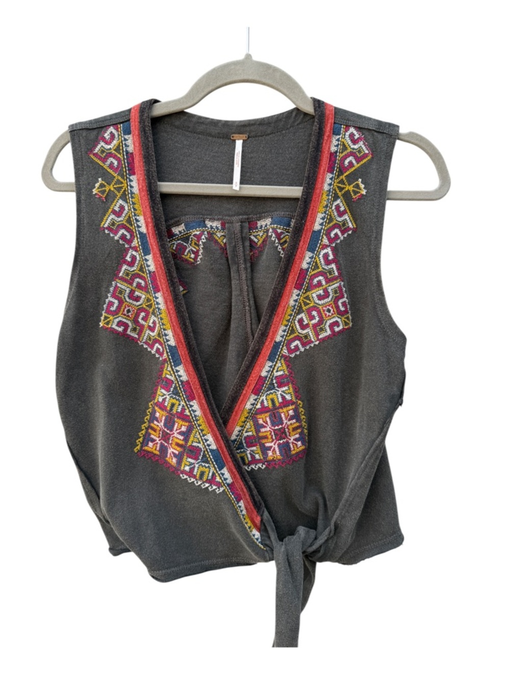 Free People Women’s S Embroidered Boho Wrap Tie Front Sleeveless Top - Picture 3 of 9